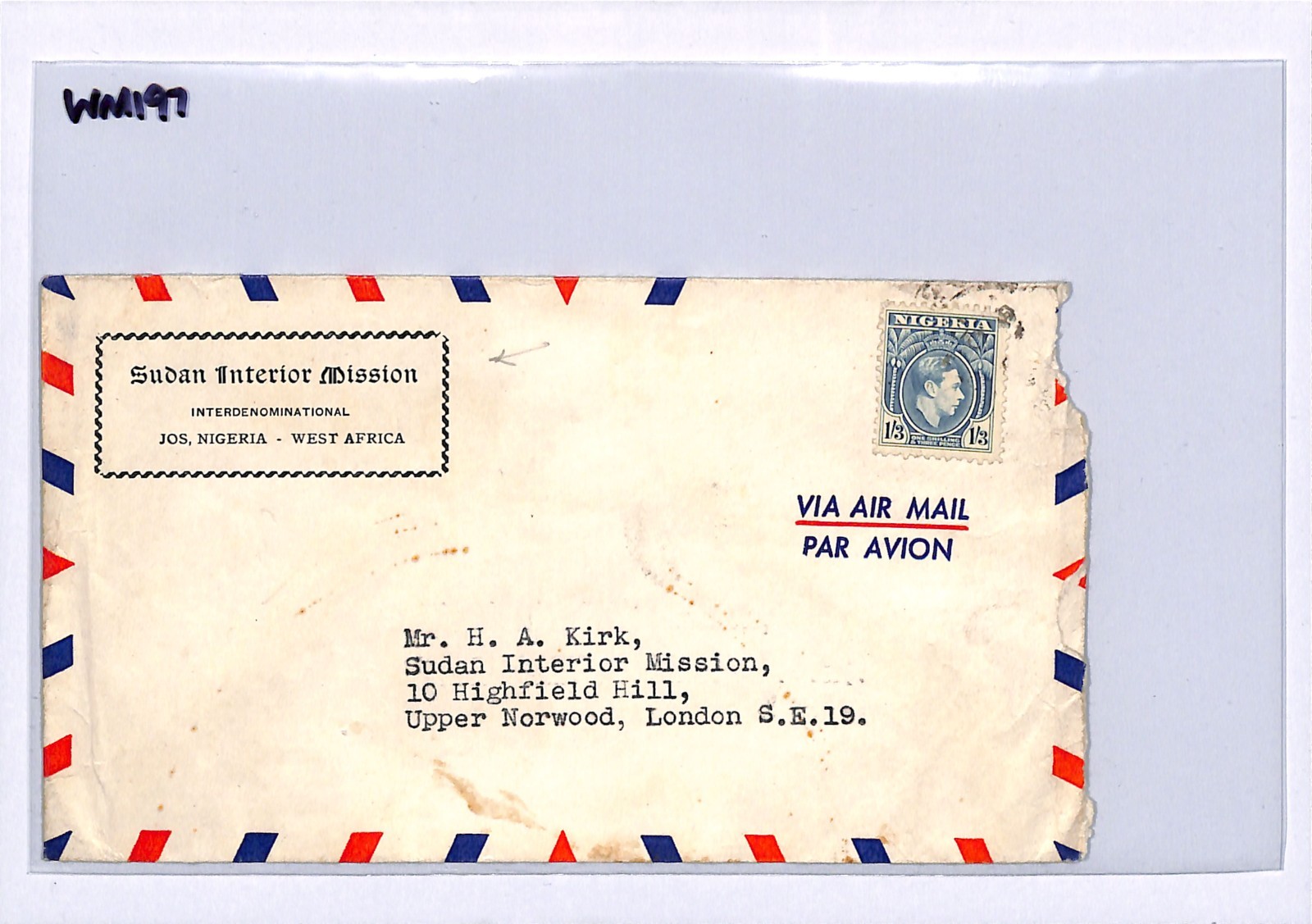 NIGERIA Air Mail Cover Jos 1s/3d SUDAN INTERIOR MISSION GB London{Samwells}WM197 - Image 5