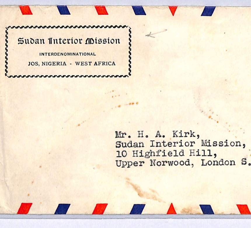 NIGERIA Air Mail Cover Jos 1s/3d SUDAN INTERIOR MISSION GB London{Samwells}WM197