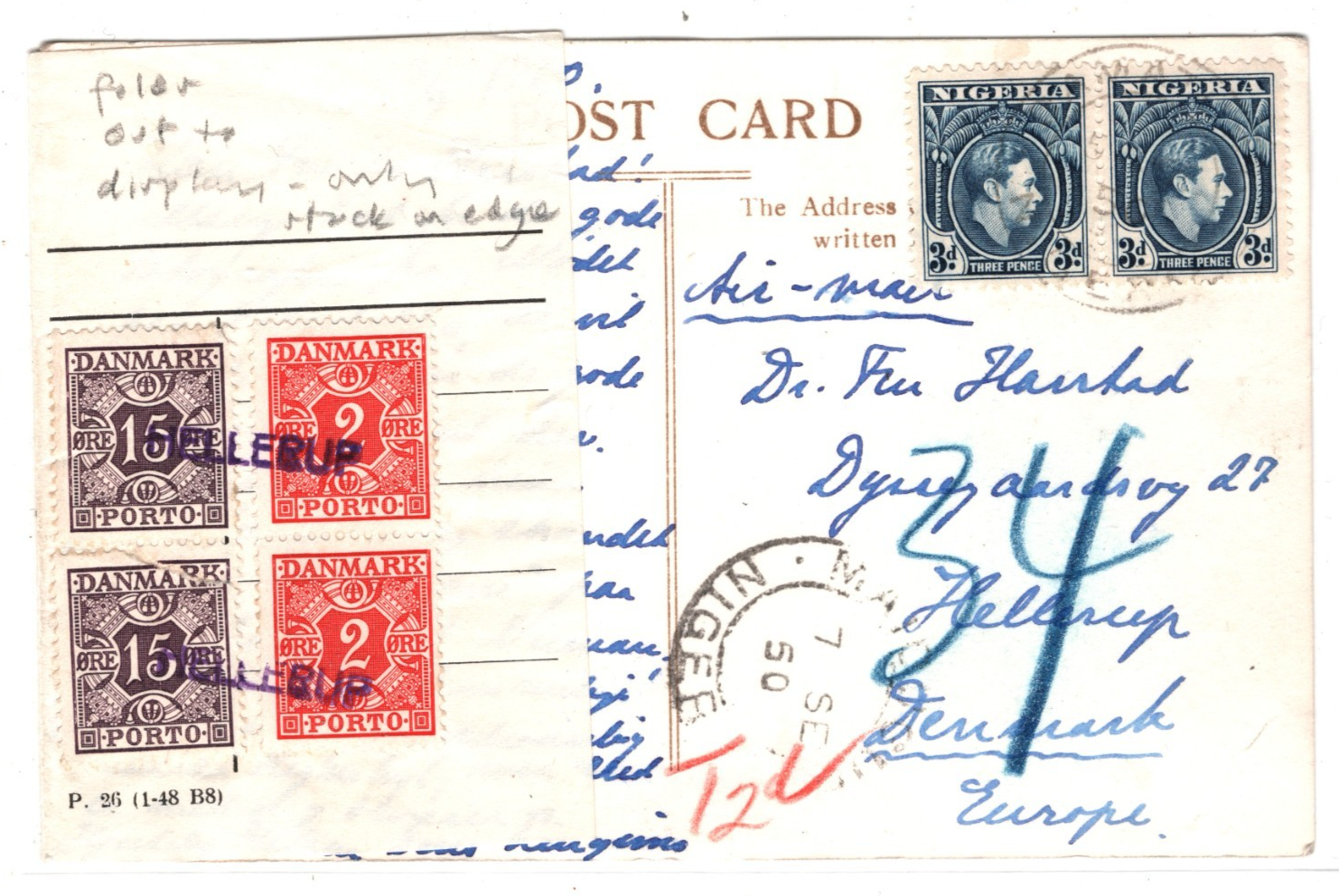 NIGERIA Underpaid Card DENMARK POSTAGE DUES 1950 Hellerup{samwells}WE377 - Image 2