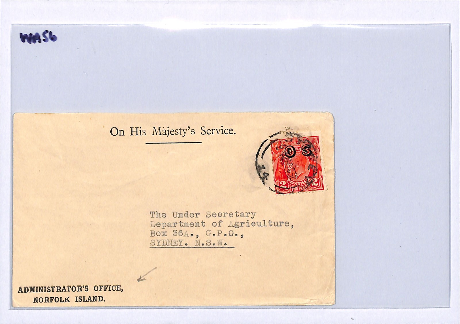 NORFOLK ISLAND AUSTRALIA Official Cover ADMINISTRATOR'S OFFICE 1932 Sydney WA56 - Image 4