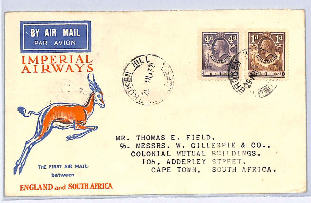 NORTHERN RHODESIA Air Cover IMPERIAL FIRST FLIGHT Cape 1932 Broken Hill WH220 - Image 3