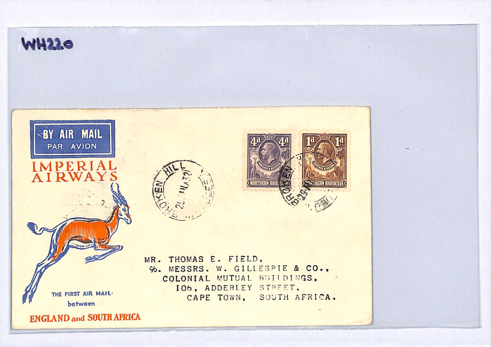 NORTHERN RHODESIA Air Cover IMPERIAL FIRST FLIGHT Cape 1932 Broken Hill WH220 - Image 5