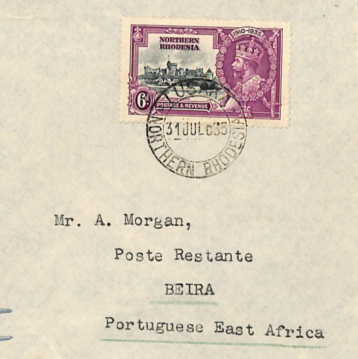NORTHERN RHODESIA Air MOZAMBIQUE Mixed Franking PEA FLIGHT 1935 6d Jubilee WH225 - Image 4