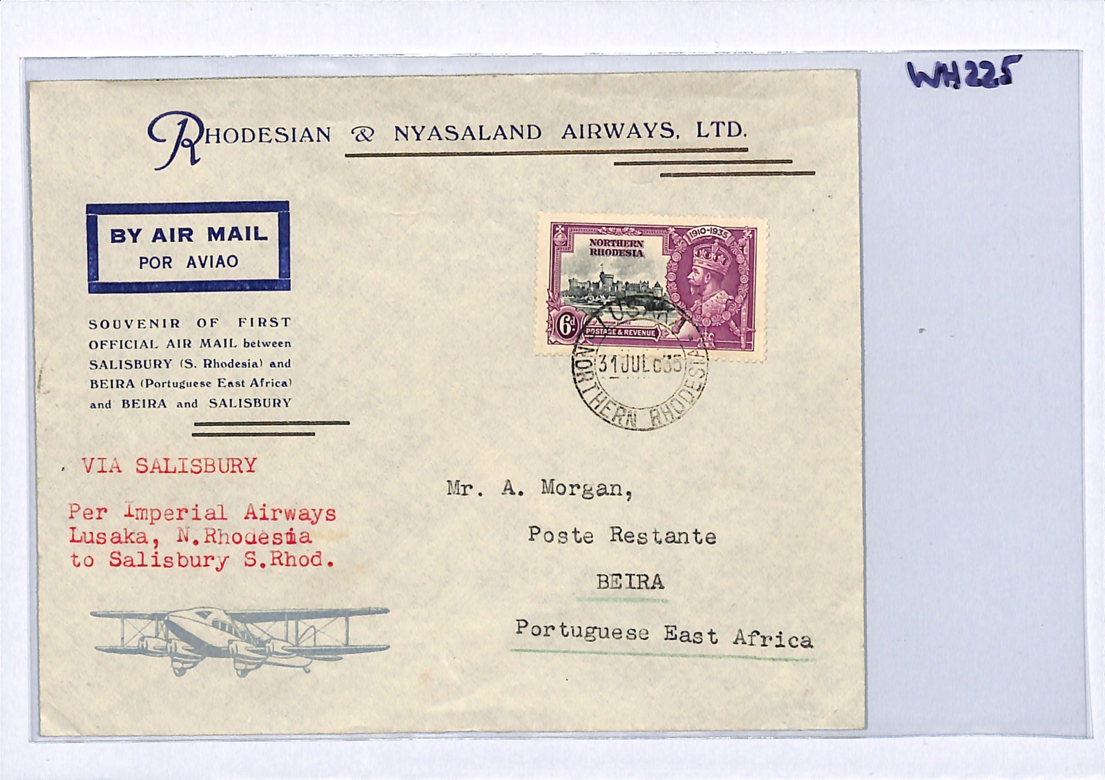 NORTHERN RHODESIA Air MOZAMBIQUE Mixed Franking PEA FLIGHT 1935 6d Jubilee WH225 - Image 5