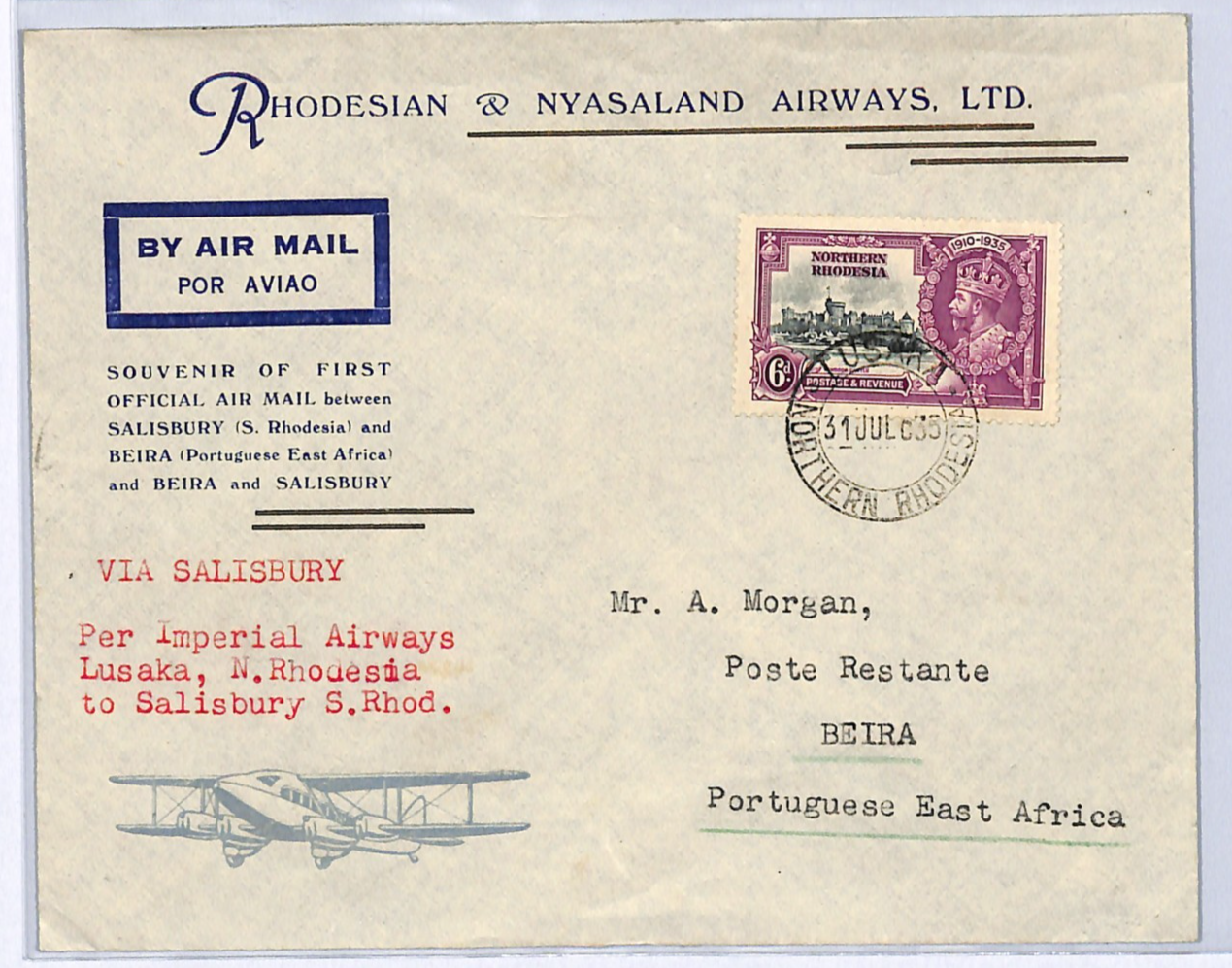 NORTHERN RHODESIA Air MOZAMBIQUE Mixed Franking PEA FLIGHT 1935 6d Jubilee WH225