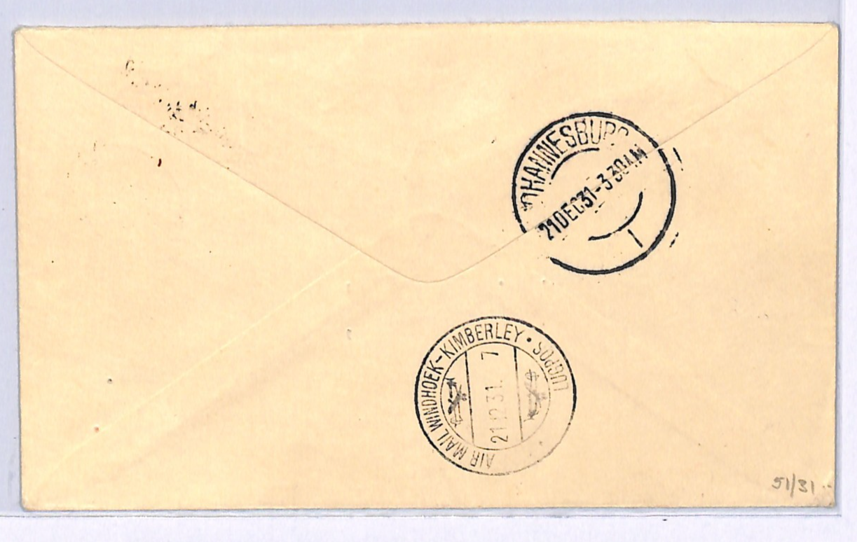 NORTHERN RHODESIA Air Mail Cover FIRST FLIGHT Broken Hill 1931 Windhoek WN119 - Image 3