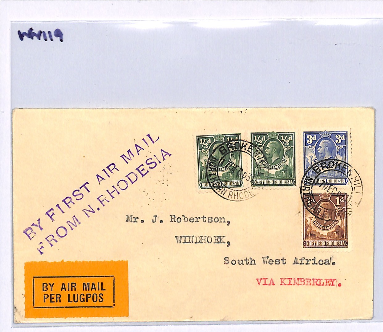 NORTHERN RHODESIA Air Mail Cover FIRST FLIGHT Broken Hill 1931 Windhoek WN119 - Image 8