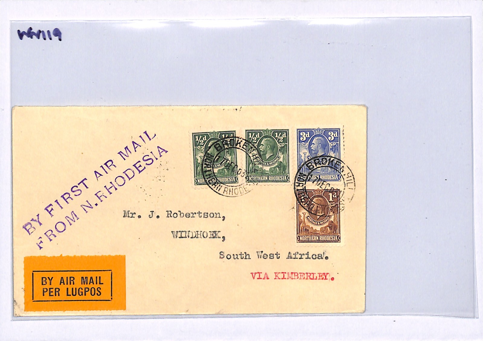 NORTHERN RHODESIA Air Mail Cover FIRST FLIGHT Broken Hill 1931 Windhoek WN119 - Image 10