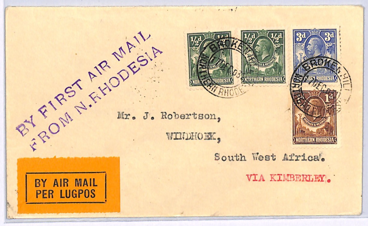 NORTHERN RHODESIA Air Mail Cover FIRST FLIGHT Broken Hill 1931 Windhoek WN119
