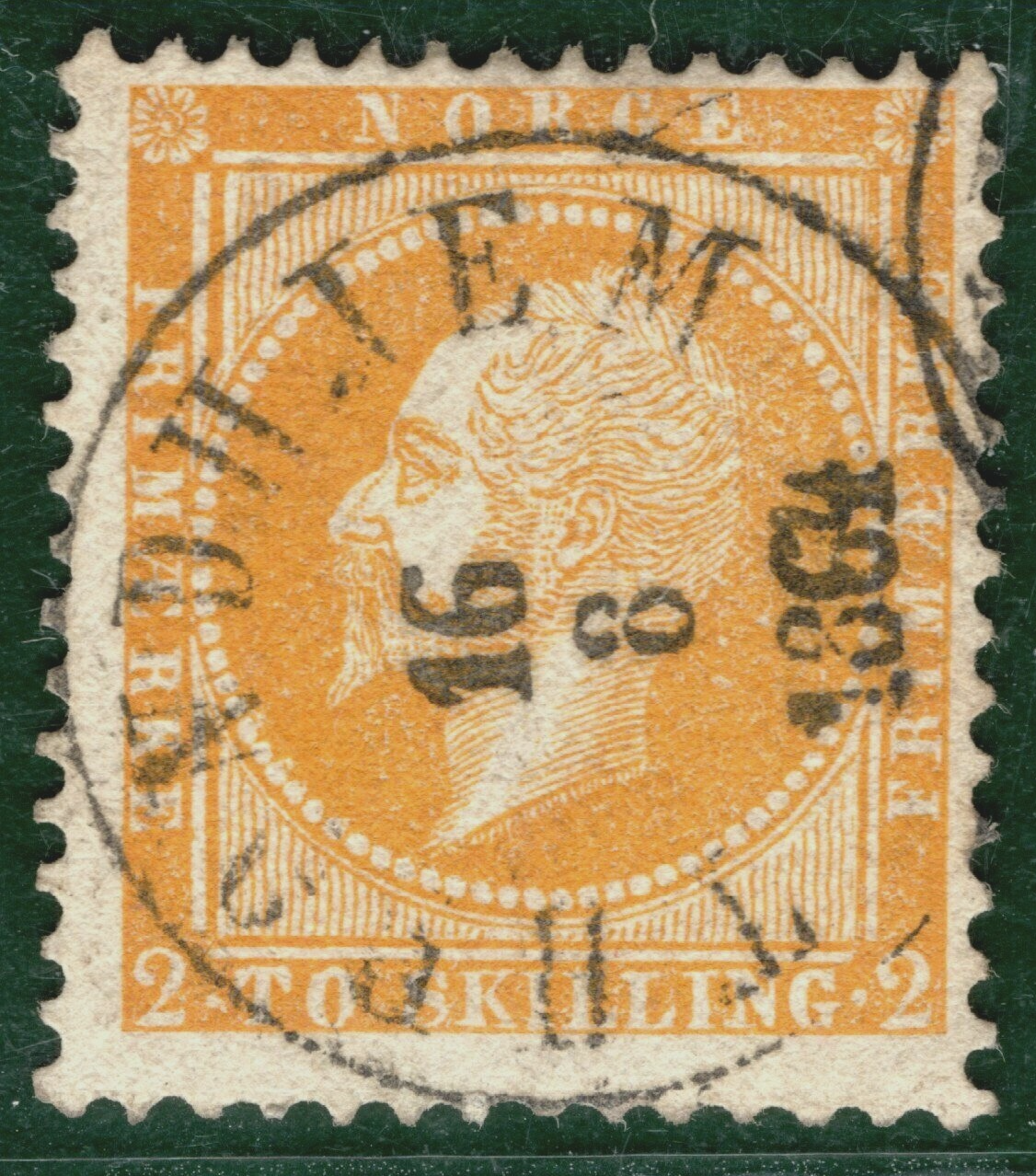 NORWAY Classic Stamp 2s Yellow KING OSCAR Trondheim 1864 CDS Used c$150 OGREEN56