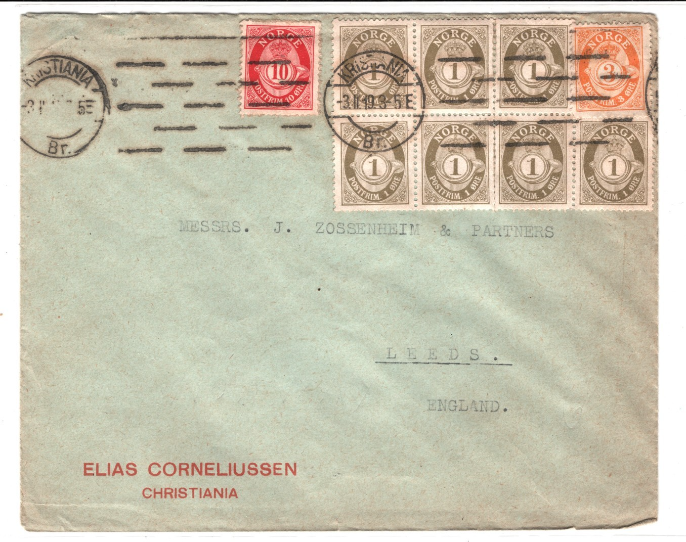 NORWAY Cover *3-COLOUR* POSTHORN FRANKING Block Kristiania 1919 Leeds XS128 - Image 3