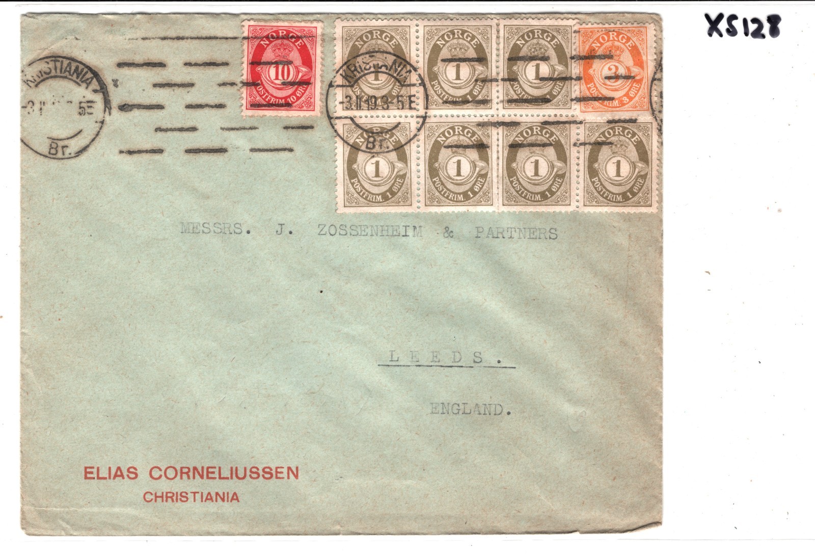 NORWAY Cover *3-COLOUR* POSTHORN FRANKING Block Kristiania 1919 Leeds XS128 - Image 5