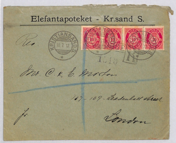 NORWAY Cover *ELEFANT APOTEKET* Kristiansand Reg 1912 Pharmacy ELEPHANTS YG411 - Image 3