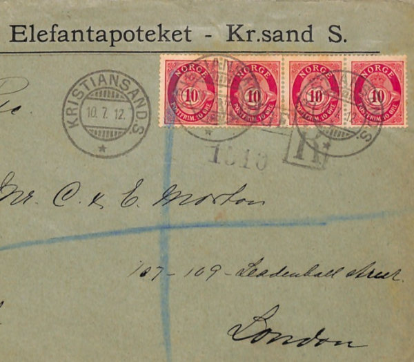 NORWAY Cover *ELEFANT APOTEKET* Kristiansand Reg 1912 Pharmacy ELEPHANTS YG411