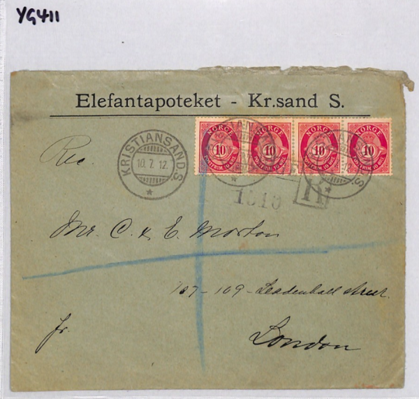 NORWAY Cover *ELEFANT APOTEKET* Kristiansand Reg 1912 Pharmacy ELEPHANTS YG411 - Image 9