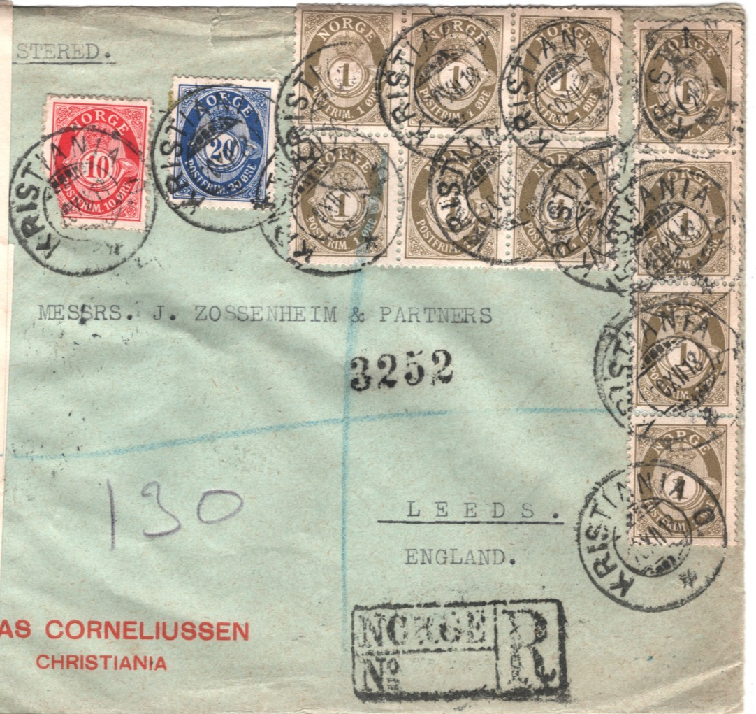 NORWAY Cover Oslo Reg *3-COLOUR* POSTHORN Block Franking 1918 CENSOR Leeds XS134 - Image 4