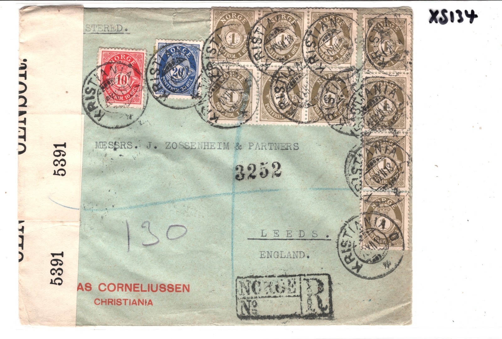 NORWAY Cover Oslo Reg *3-COLOUR* POSTHORN Block Franking 1918 CENSOR Leeds XS134 - Image 5