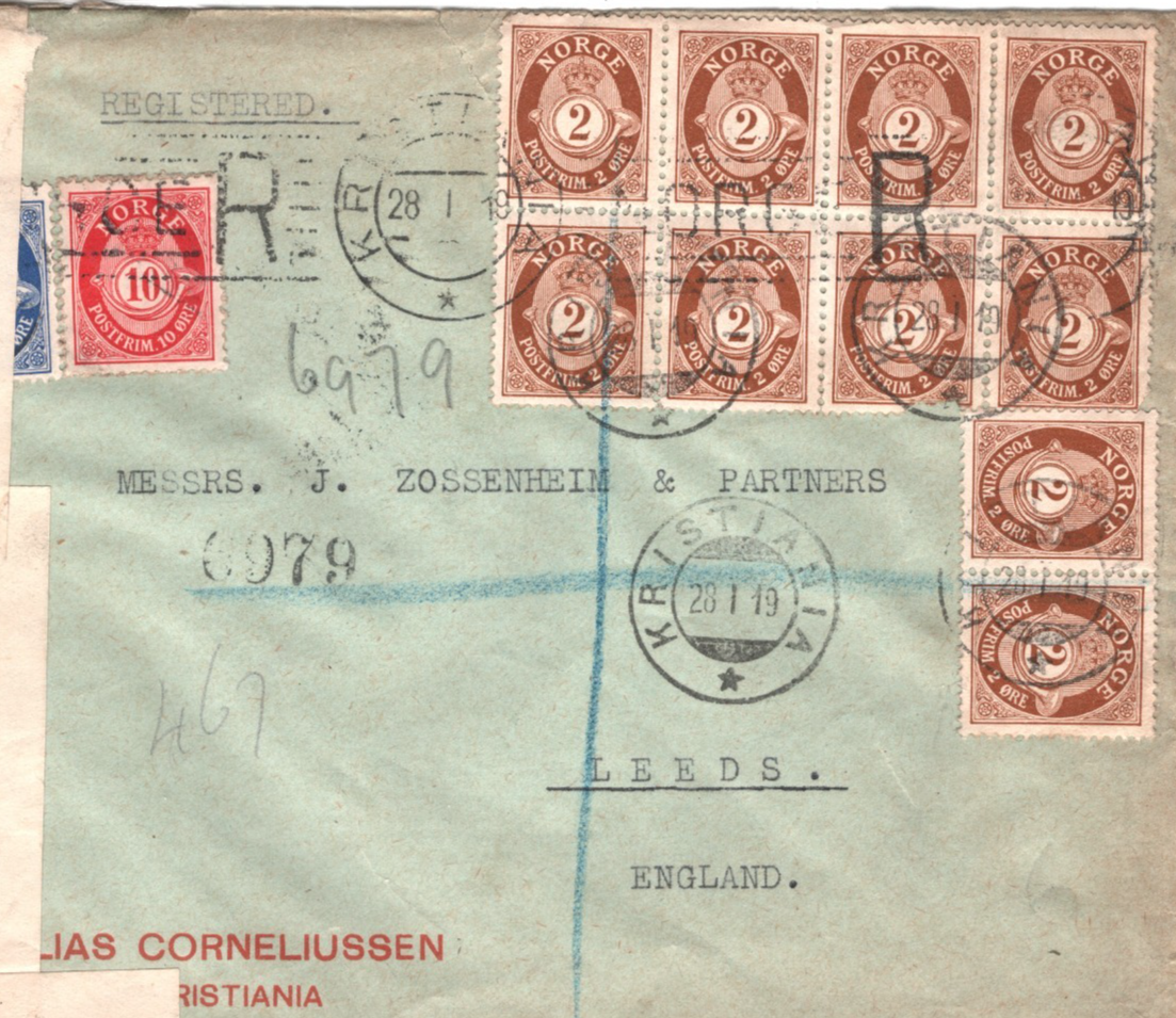 NORWAY Cover Oslo Reg *3-COLOUR* POSTHORN Block Franking 1919 CENSOR Leeds XS131 - Image 4