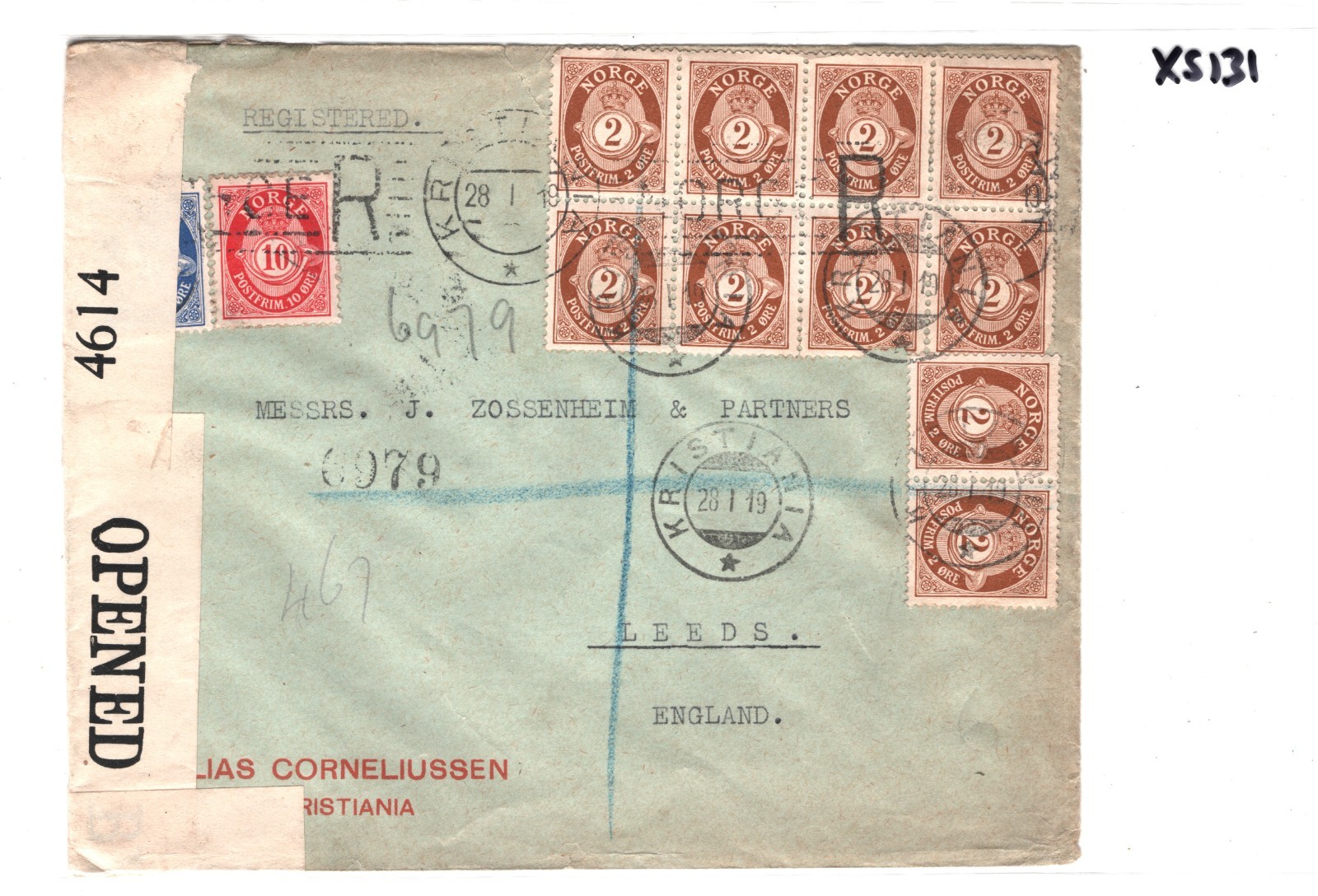 NORWAY Cover Oslo Reg *3-COLOUR* POSTHORN Block Franking 1919 CENSOR Leeds XS131 - Image 5