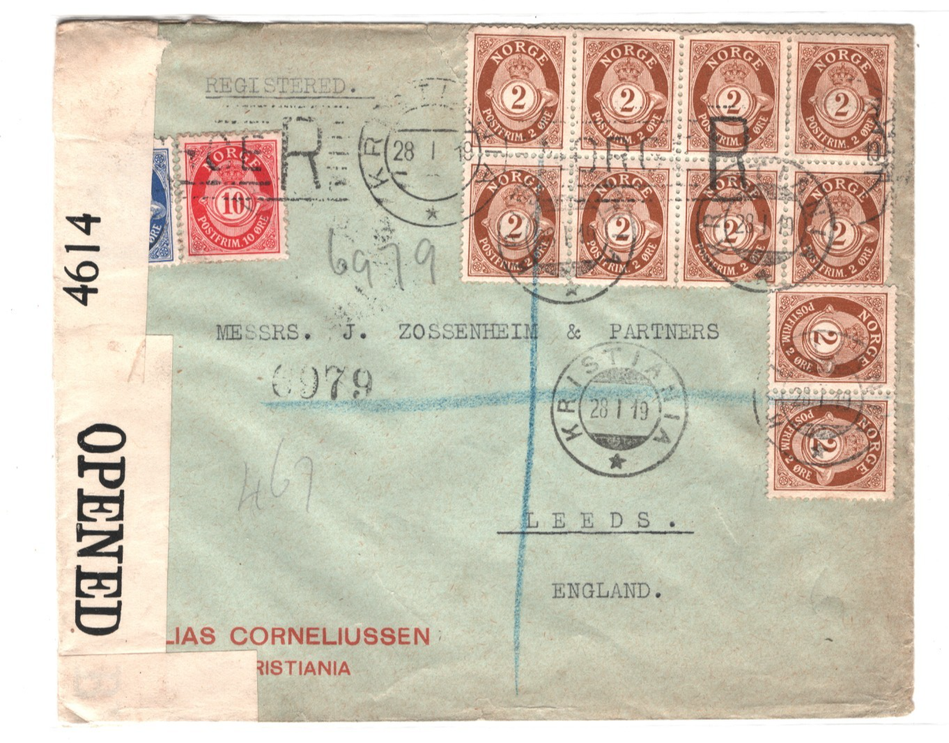 NORWAY Cover Oslo Reg *3-COLOUR* POSTHORN Block Franking 1919 CENSOR Leeds XS131