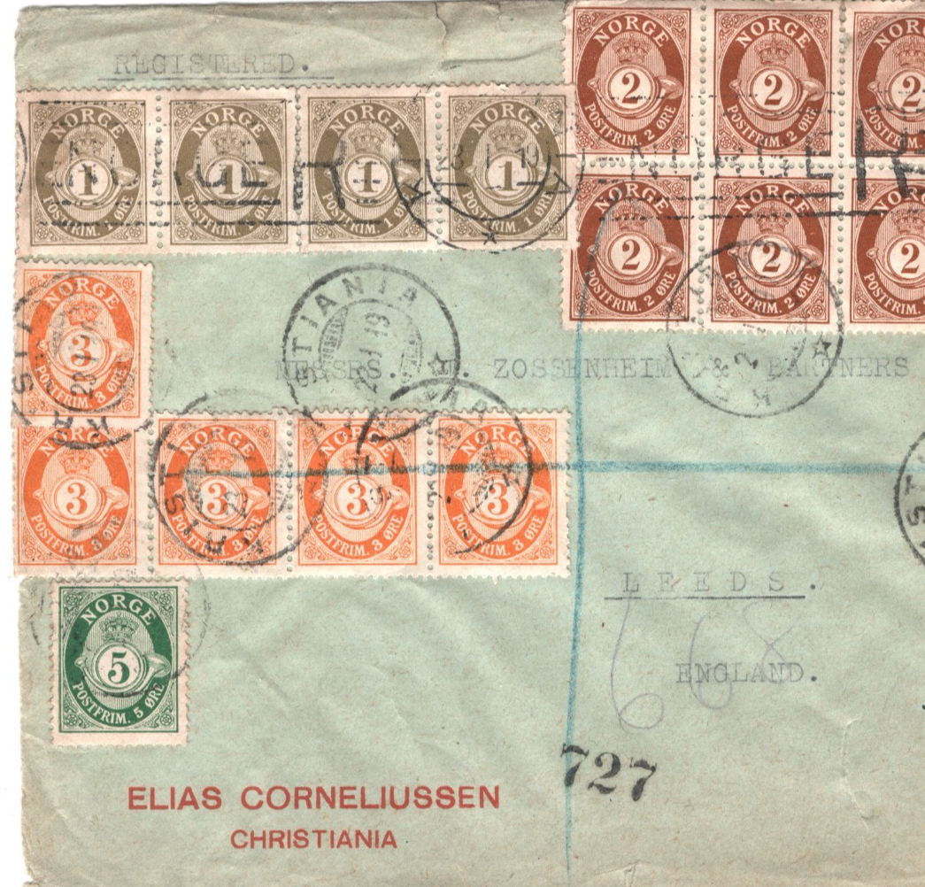 NORWAY Cover Oslo Reg *4-COLOUR* POSTHORN Block Franking 1919 CENSOR Leeds XS127 - Image 4
