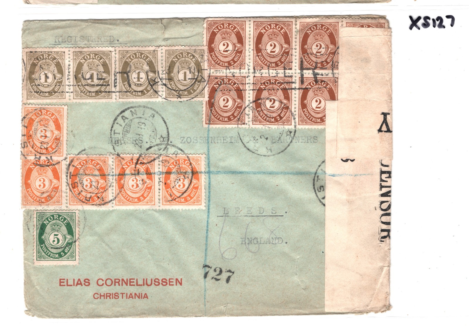 NORWAY Cover Oslo Reg *4-COLOUR* POSTHORN Block Franking 1919 CENSOR Leeds XS127 - Image 5