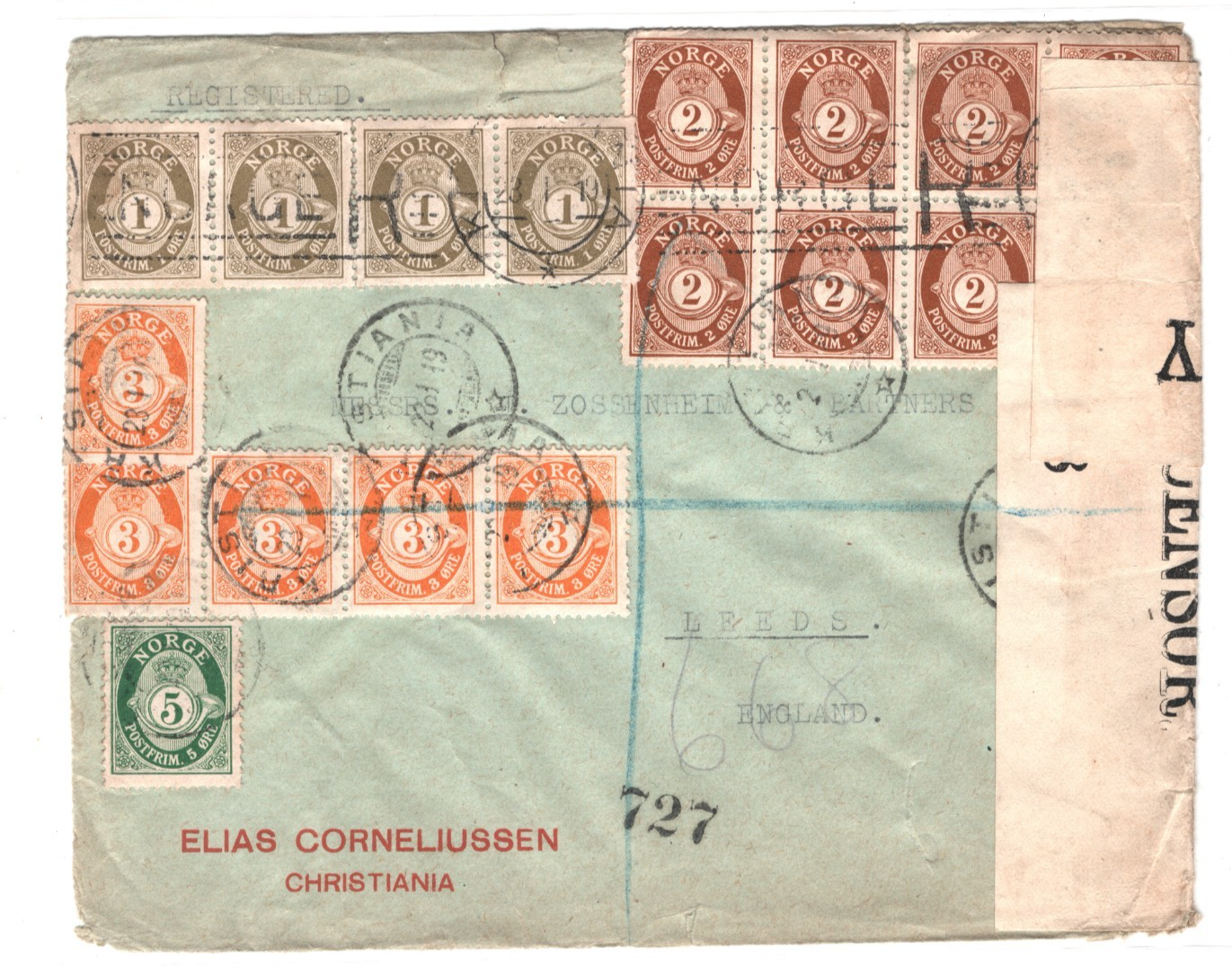 NORWAY Cover Oslo Reg *4-COLOUR* POSTHORN Block Franking 1919 CENSOR Leeds XS127