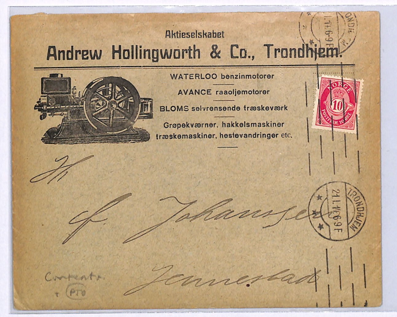 NORWAY Illustrated Advert Cover *ENGINE* Trondheim 1914 Contents {samwells}XS139