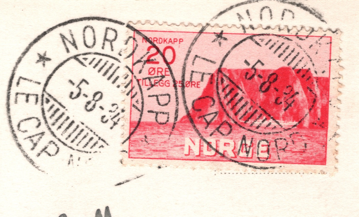 NORWAY POLAR Postcard 20+25o Carmine NORTH CAPE Surtax 1934 *NORDKAPP* CDS XS190