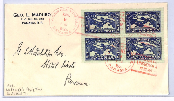 PANAMA Air 1928 FDC 5c Block{4} *LINDBERGH* FLYING TOUR First Day Cover XF101 - Image 3