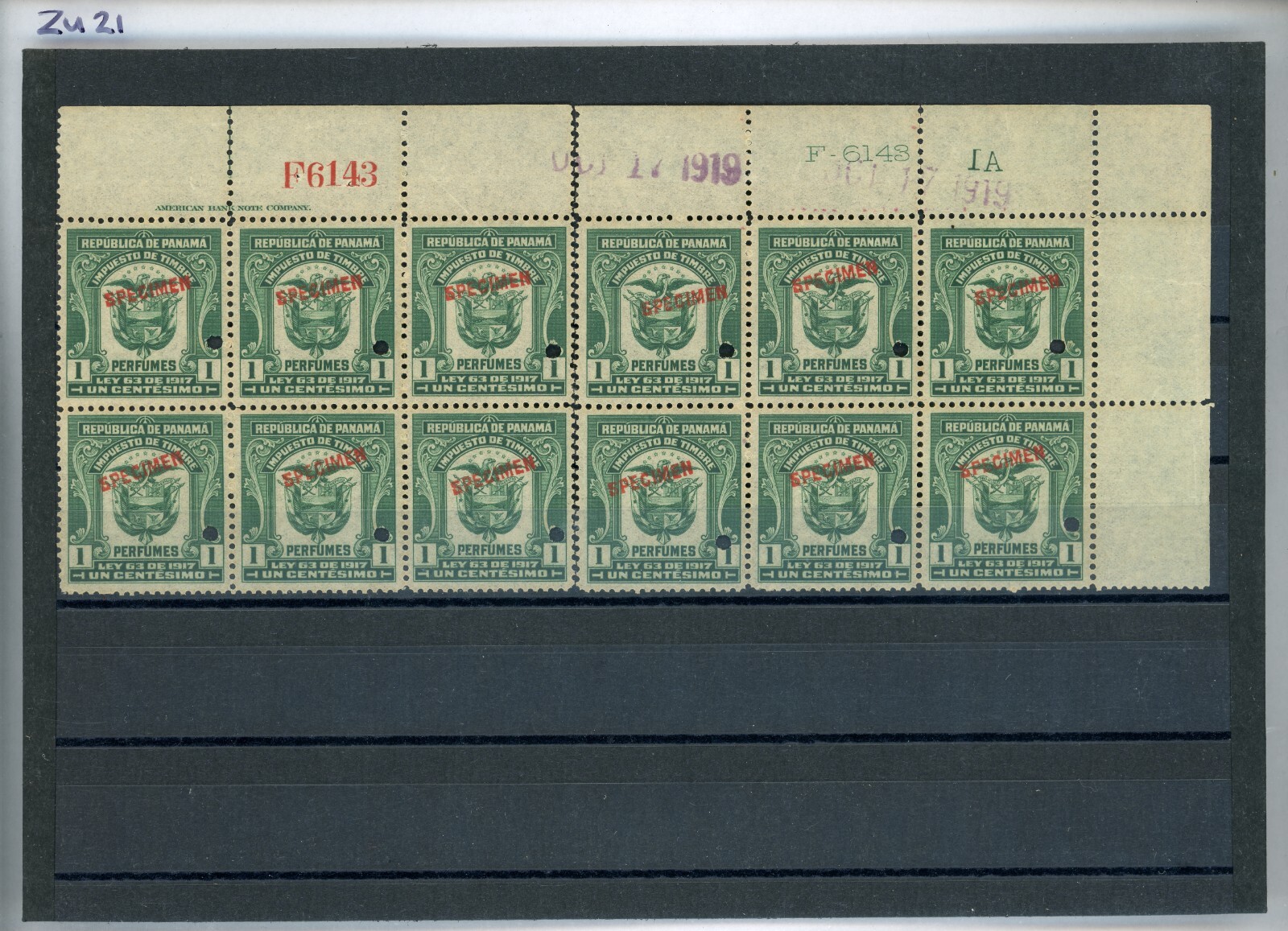 PANAMA Revenue *PERFUME* 1c ABNCo *F6143* SPECIMEN 1919 Block{12} Mint MNH ZU21 - Image 5
