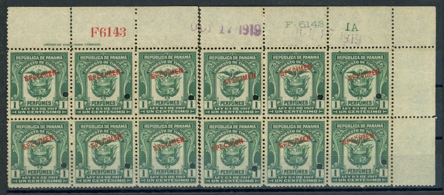 PANAMA Revenue *PERFUME* 1c ABNCo *F6143* SPECIMEN 1919 Block{12} Mint MNH ZU21