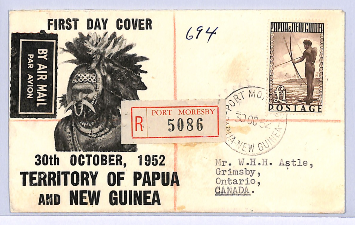 PAPUA NEW GUINEA Illustrated FDC 1952 KGVI £1 *HIGH VALUE* Archery FISHING WH131