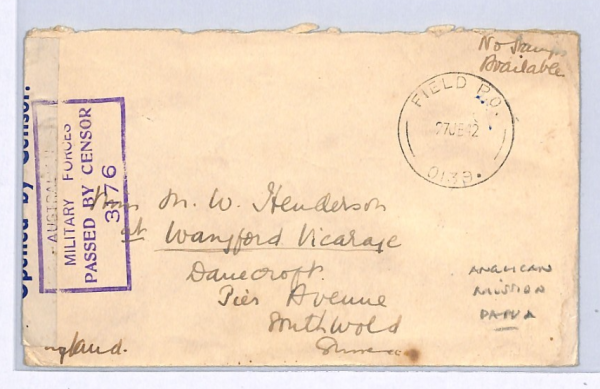 PAPUA NEW GUINEA WW2 Cover ANGLICAN *MISSION* Posted Australia FPO Wangford XK18