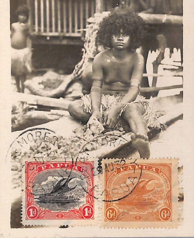 PAPUA Postcard LAKATOI 6d *VIEW-SIDE* FRANKING 1932 Real Photo Ethnic PPC WH122