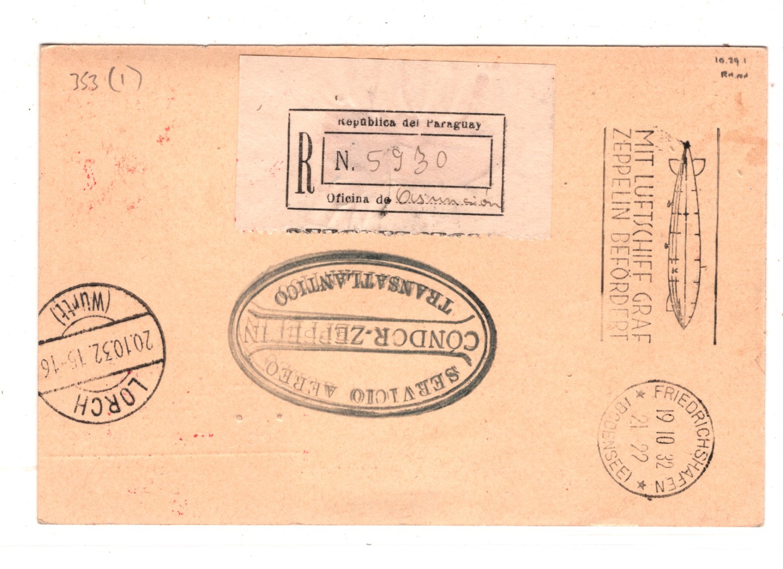 PARAGUAY Card GRAF ZEPPELIN Air Mail 20p HIGH VALUE Asuncion 1932 Lorch KZ235 - Image 3