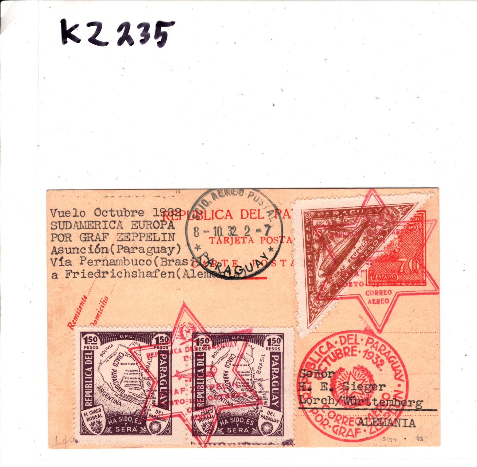 PARAGUAY Card GRAF ZEPPELIN Air Mail 20p HIGH VALUE Asuncion 1932 Lorch KZ235 - Image 6
