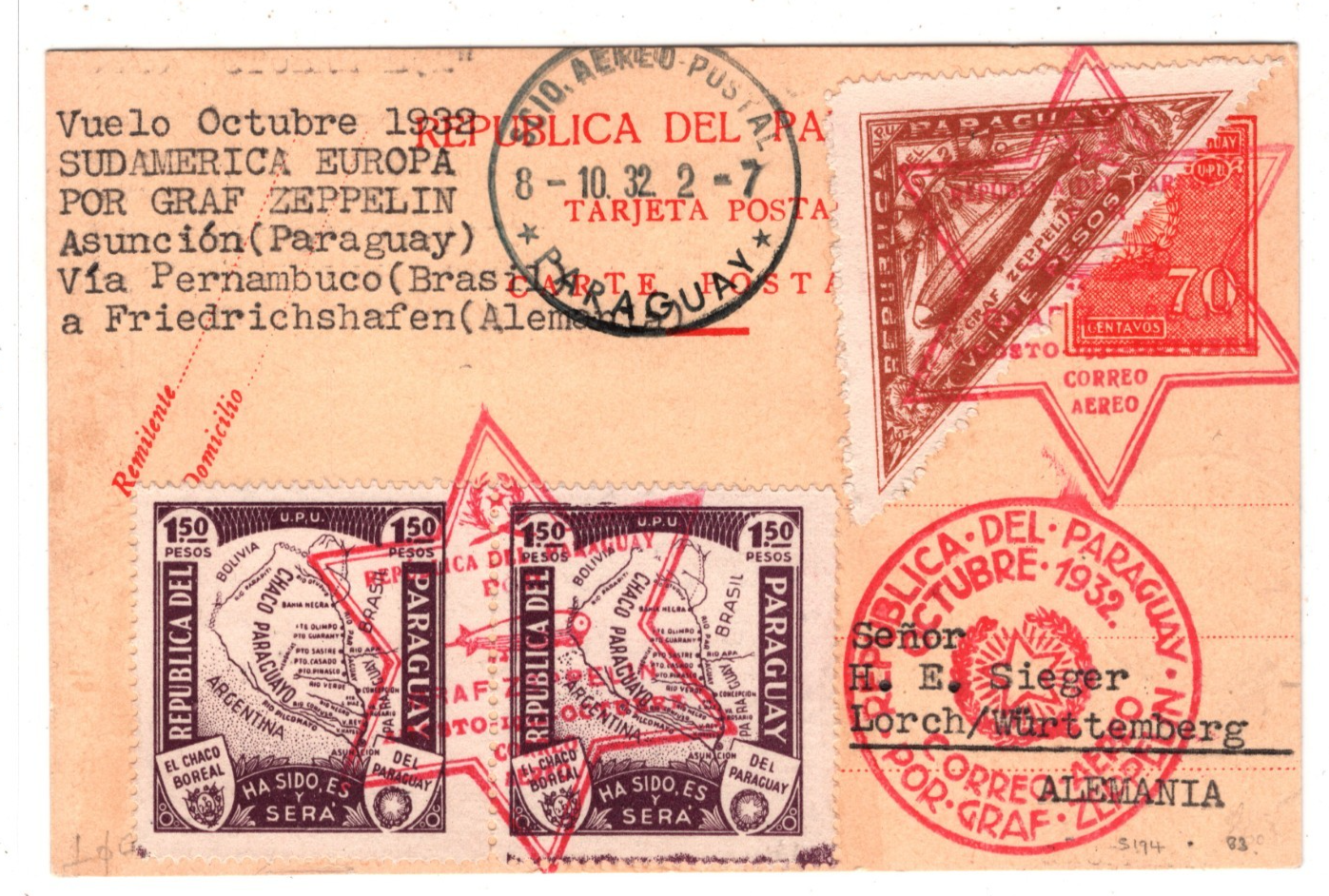 PARAGUAY Card GRAF ZEPPELIN Air Mail 20p HIGH VALUE Asuncion 1932 Lorch KZ235