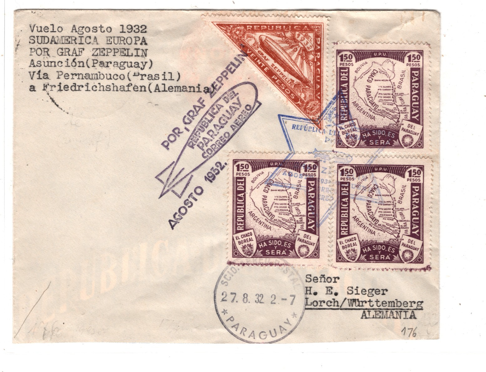 PARAGUAY Cover GRAF ZEPPELIN Air Mail 20p HIGH VALUE Asuncion 1932 Lorch KZ204 - Image 3