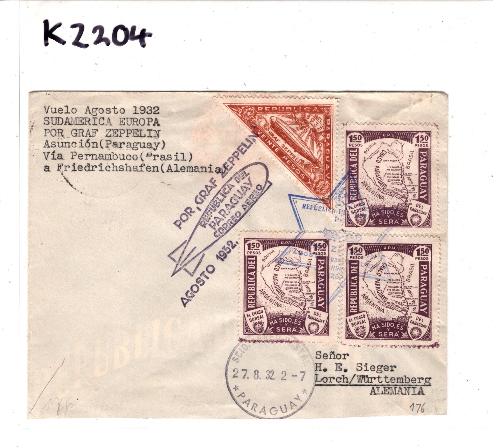 PARAGUAY Cover GRAF ZEPPELIN Air Mail 20p HIGH VALUE Asuncion 1932 Lorch KZ204 - Image 5