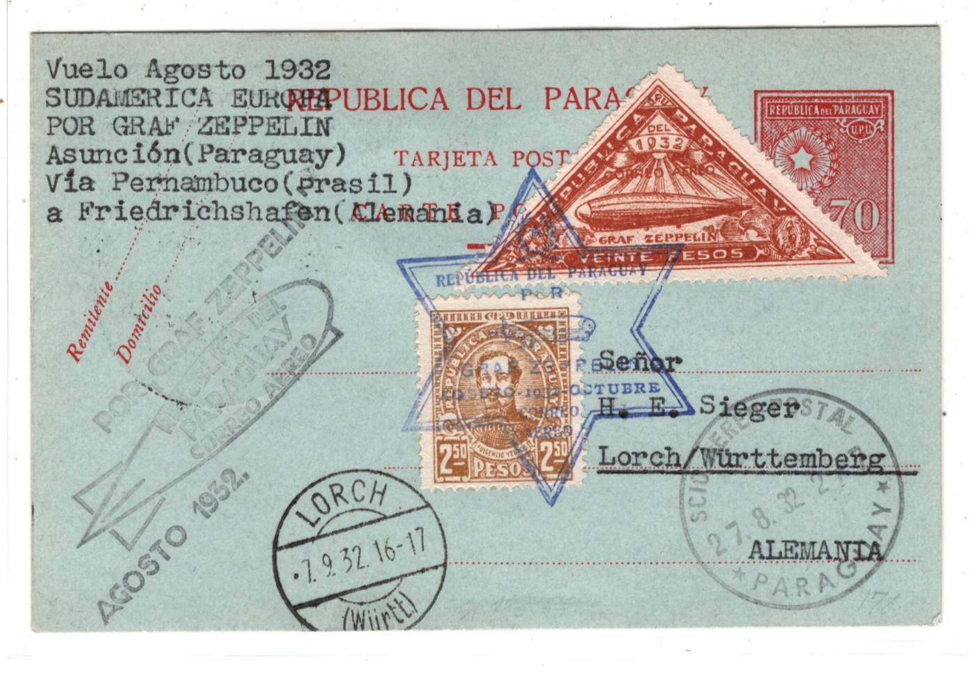PARAGUAY GRAF ZEPPELIN Air Mail 20p *HIGH VALUE* Card Asuncion 1932 Lorch KZ208 - Image 3