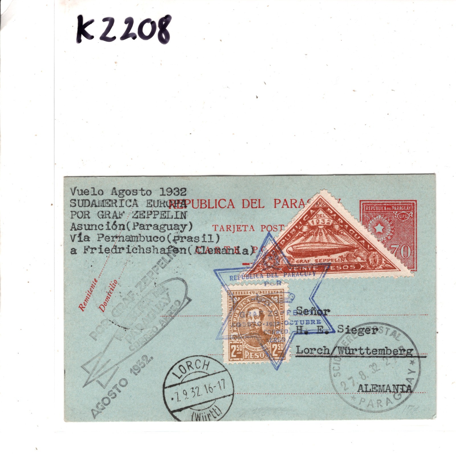PARAGUAY GRAF ZEPPELIN Air Mail 20p *HIGH VALUE* Card Asuncion 1932 Lorch KZ208 - Image 5