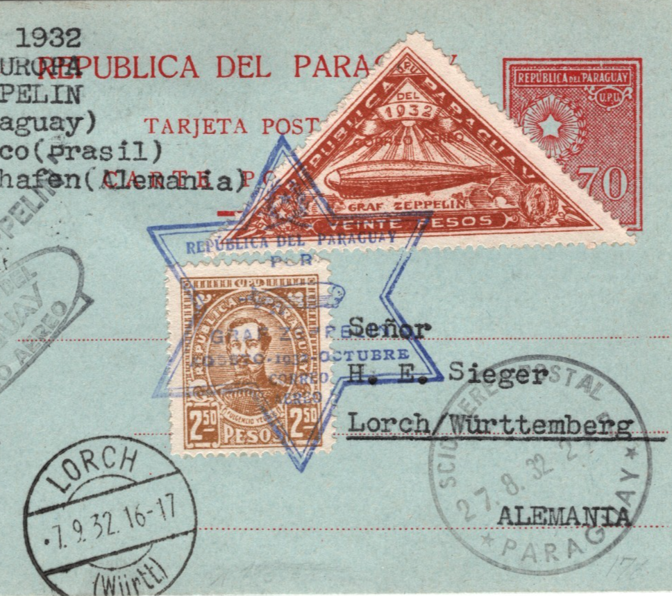 PARAGUAY GRAF ZEPPELIN Air Mail 20p *HIGH VALUE* Card Asuncion 1932 Lorch KZ208