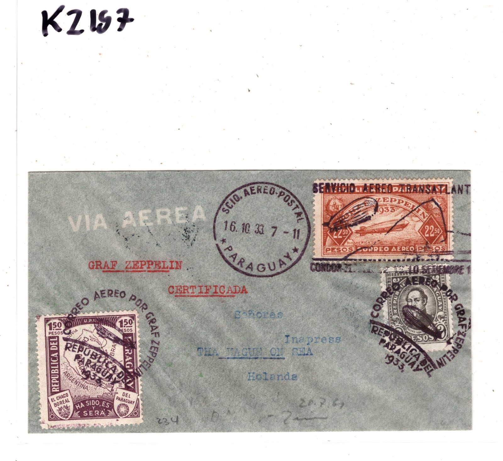 PARAGUAY GRAF ZEPPELIN Air Mail Cover 22p50 *HIGH VALUE* 1933 Netherlands KZ197 - Image 6