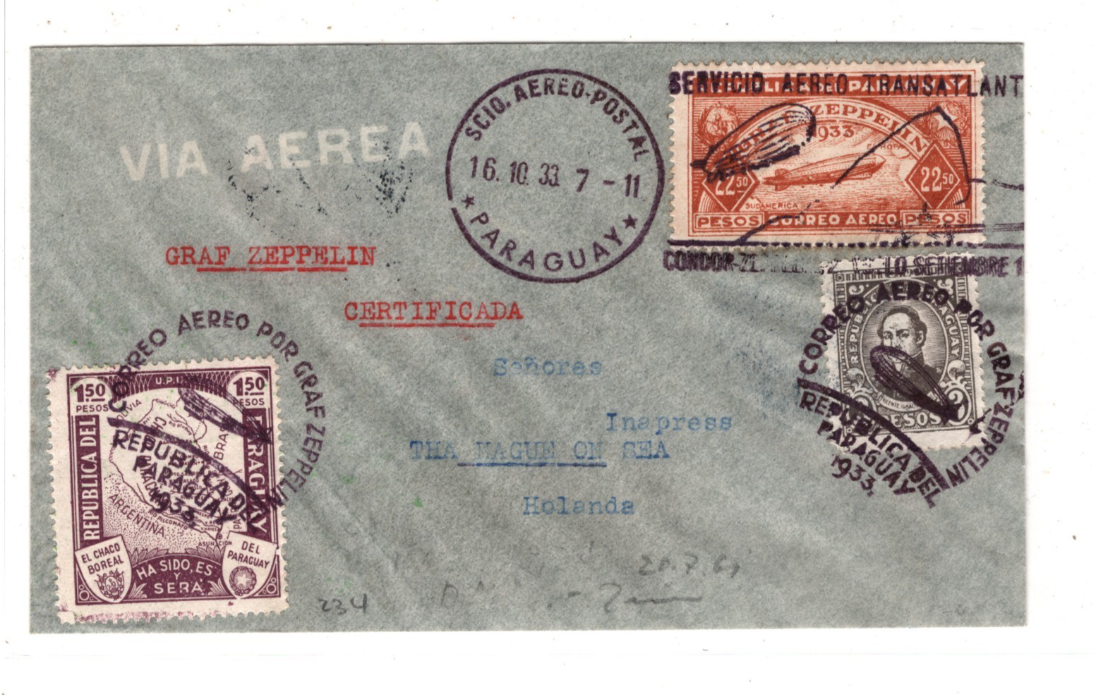 PARAGUAY GRAF ZEPPELIN Air Mail Cover 22p50 *HIGH VALUE* 1933 Netherlands KZ197