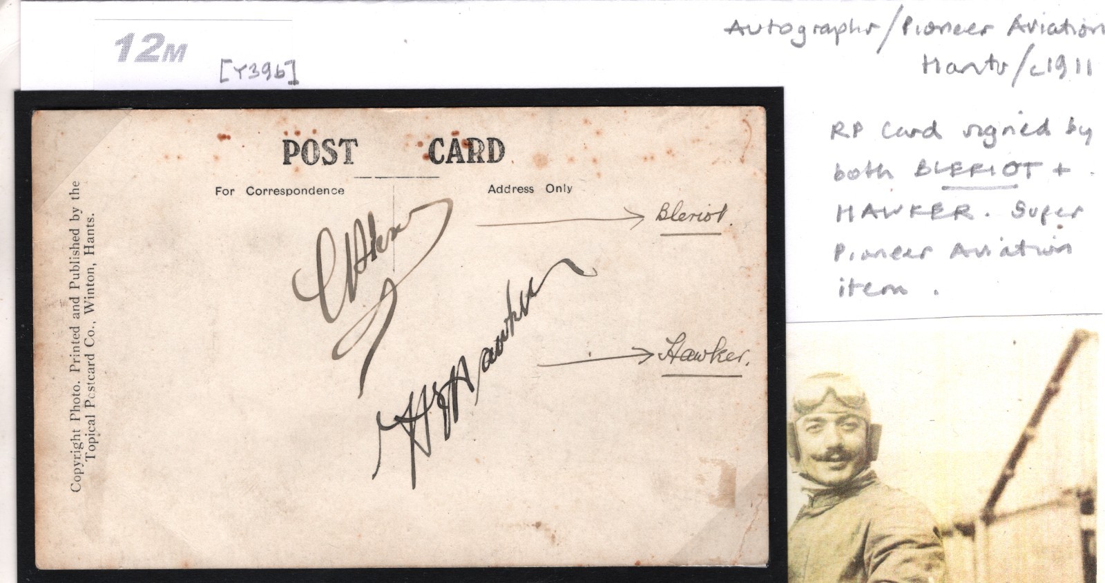 PIONEER AVIATION *BLERIOT* Signed +HAWKER AUTOGRAPHS Postcard c1911 Unposted 12m - Image 6