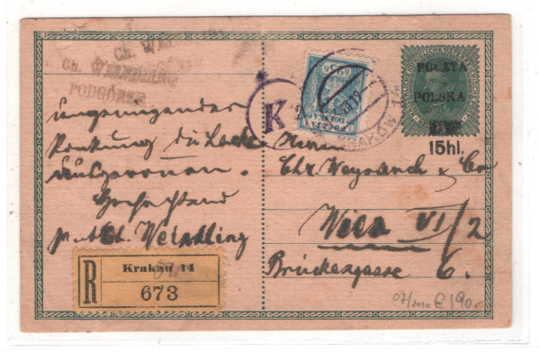 POLAND Austria Stationery Card *POCZTA POLSKA* 15h Surch 1919 Kraków Reg'd KA731 - Image 3