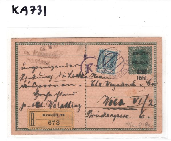 POLAND Austria Stationery Card *POCZTA POLSKA* 15h Surch 1919 Kraków Reg'd KA731 - Image 5