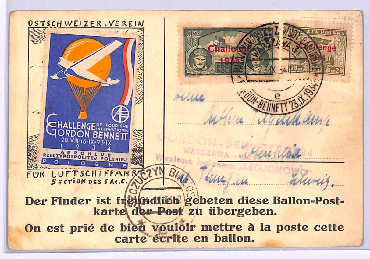 POLAND BALLOON MAIL Air Drop/Retour Card *SZCZUCZYN* CDS 1934 GORDON BENNETT WB2 - Image 3