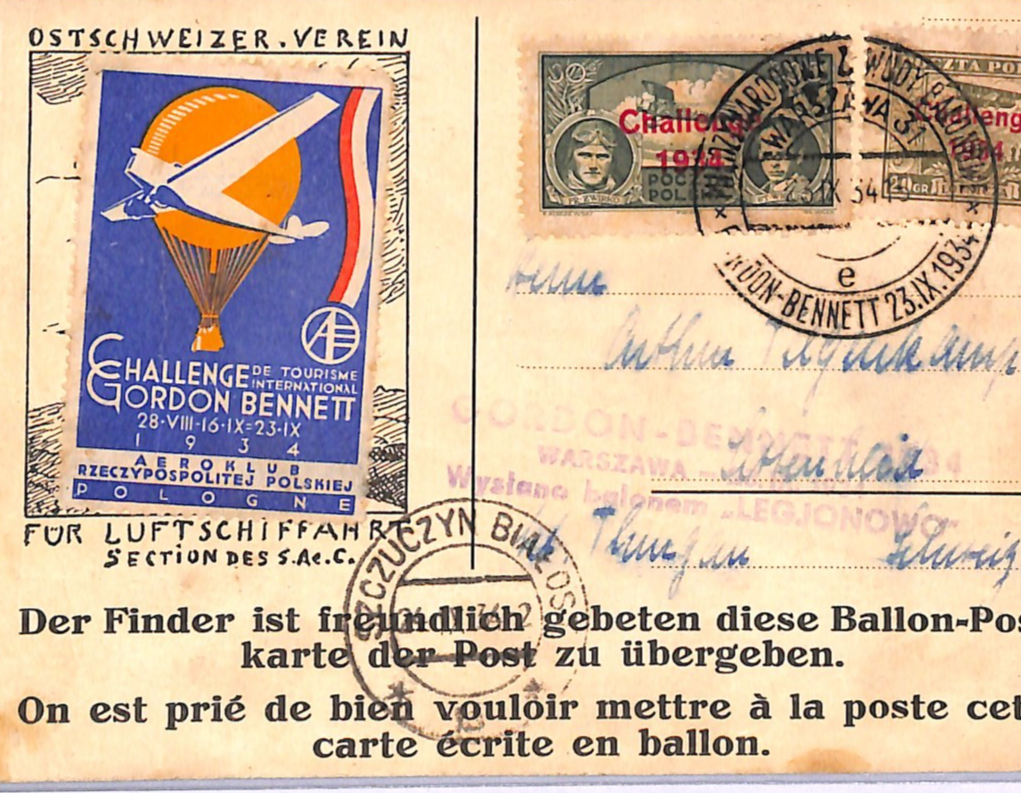 POLAND BALLOON MAIL Air Drop/Retour Card *SZCZUCZYN* CDS 1934 GORDON BENNETT WB2